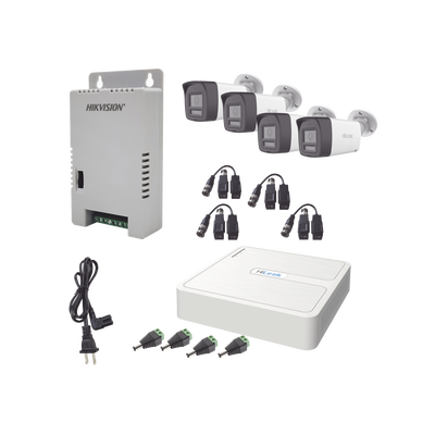 [HL-1080P-4B-TWA] Kit HiLook Audio Bidireccional TurboHD 1080p / DVR Metalico 4 Canales / 4 Cámaras Bala (Exterior) con Bocina y Micrófono Integrado / 1 Fuente de Poder / Accesorios