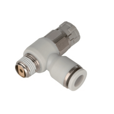 Controlador de Velocidad Neumático / Cierre a Presión / Codo Macho / Diámetro Exterior Tubo 10 mm / Rosca BSPT(R) 1/4´´ / Para Sistemas Neumáticos