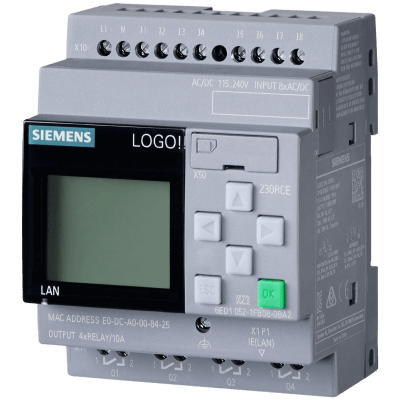[6ED1052-1FB08-0BA2] Módulo Lógico LOGO! 230RCE / Display Integrado / Alimentación 115-230V AC/DC / 8 Entradas Digitales / 4 Salidas Relay / Memoria 400 Bloques / Ethernet Integrado / Servidor Web / Data Log / Compatibilidad Cloud / MQTT
