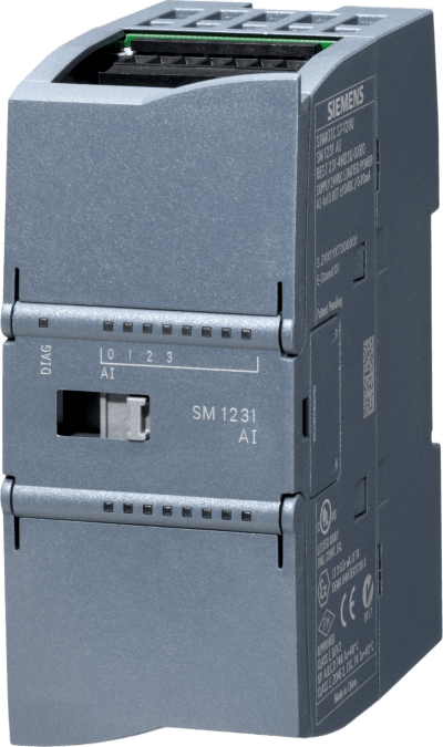 Módulo de Entrada Analógica SIMATIC S7-1200 / SM 1231 / 4 Entradas AI / +/-10V +/-5V +/-2.5V / 0-20mA 4-20mA / 12 bit+sign (13 bit ADC) / IP20 / Certificaciones Globales