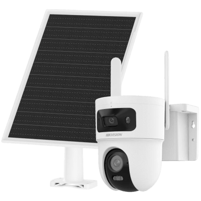 [DS2CFSP8D/4G] Kit Solar IP All in One Doble Lente / AOV / PT IP 4 Megapixel Lente 4 mm / Fijo 4 Megapixel Lente 2.8 mm / Panel Solar + Batería de Respaldo de Litio (9000 mAh) / Conexión 4G / Audio de Dos Vías / Dual Light / IP66 / Micro SD