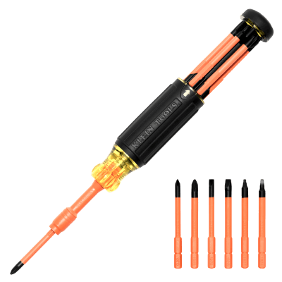 Destornillador Aislado 6-en-1 Auto-Lock / Aislado 1000V CAT III / Almohadilla de agarre / Almacenamiento de brocas integrado / Bits Philips #1 #2 / Slotted 3/16" 1/4" / Square #1 #2