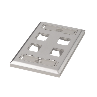 [CFPL4SY] Placa de Pared Vertical, de Acero Inoxidable, Salida Para 4 Puertos Mini-Com, Con Espacios Para Etiquetas