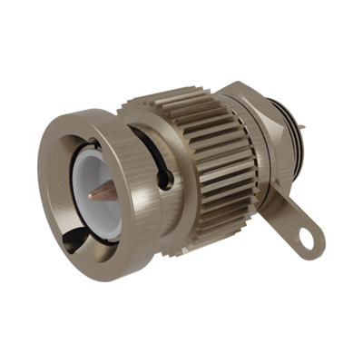 [RFB-1143-H] Conector BNC Macho, Montaje Frontal en D-Plano, Contacto Soldable, Níquel/ Oro/ Teflón.