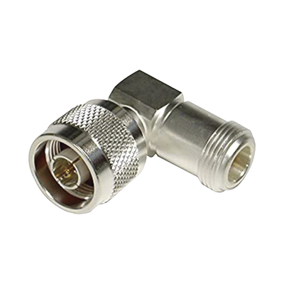 [RFN-1012-1] Adaptador en Ángulo Recto, de Conector N Macho a N Hembra, Plata/ Oro/ Teflón.