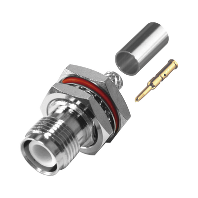 [RP-1212-C1] Conector TNC Hembra Inverso de Montaje Trasero en Panel, D-Plano, Hermético de Anillo Plegable para RG-142/U, Níquel/ Oro/ Teflón.