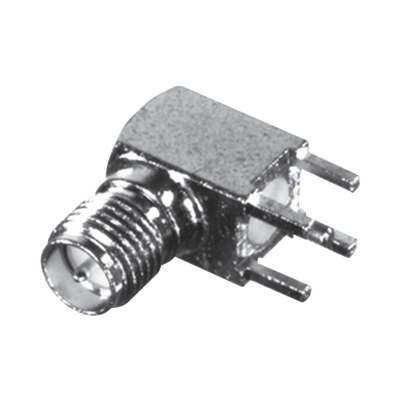 [RP-3300-1] Conector SMA Hembra Inverso en Ángulo Recto con PIN Terminal y 4 Patas para Montaje PCB Coaxial, Oro/ Oro/ Teflón.