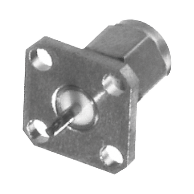 [RSA-3231] Conector SMA Macho de Montaje en Panel de 4 Perforaciones y Terminal Soldable, Níquel/ Oro/ Teflón.â€‹