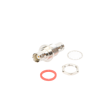 [RFB-1135] Adaptador Doble BNC Hembra para Chasis, Hermético y de Montaje en D-Plano, Níquel/ Oro/ Delrin.