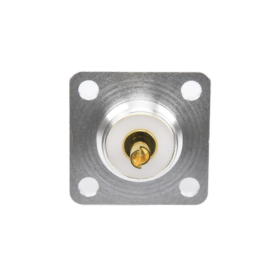 [RFU-521-ST] Conector UHF Hembra (SO-239) para Montaje de Chasis con 4 Hoyos a 18 mm, Terminal Soldable, Plata/ Oro/ Teflón.