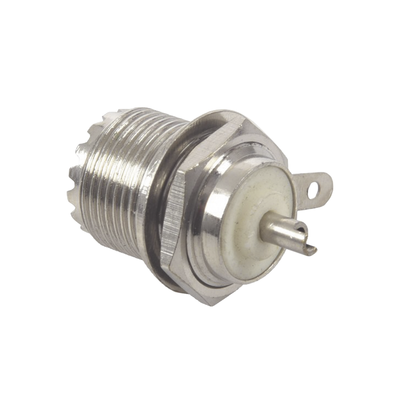 [RFU-523-T] Conector UHF Hembra (SO-239) en Línea, Montaje Frontal en D Plano, Níquel/ Plata/ Teflón.