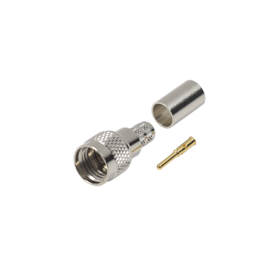 [RFU-600-1X] Conector Mini-UHF Macho, 50 Ohm de Anillo Plegable para  LMR-240, RG-8/X, 9258, Niquel/ Oro/ Delrin.