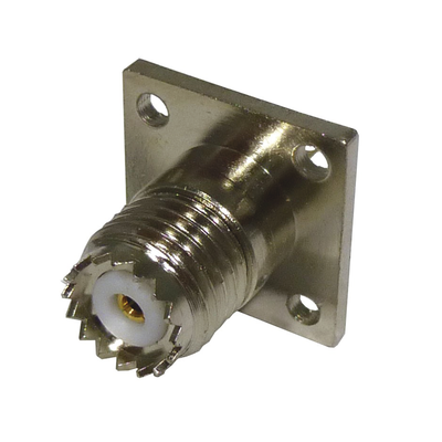 [RFU-603] Conector Mini UHF Hembra para Montaje con 4 Perforaciones a 13 mm en Panel, Níquel/ Oro/ Teflón.
