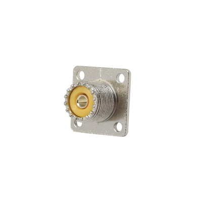 [RFU-521] Conector UHF Hembra (SO-239), para Montaje en Chasis con 4 perforaciones a 18 mm, Terminal Soldable, Níquel/ Plata/ Delrin.