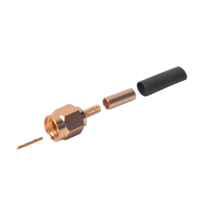 [RSA-3000-1B] Conector SMA Macho de Anillo Plegable para Cables RG-174/U, 8216, Oro/ Oro/ Teflón.