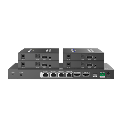 [TT824] Kit Divisor y Extensor HDMI / Divide 1 Fuente HDMI a 4 Pantallas / Extiende la señal HDMI hasta 70 m / Resolución 4K @ 60 Hz/ Cat 6/6a/7 / IPCOLOR / CERO LATENCIA / Uso 24/7 / Puerto S/PDIF / EDID / RS232 / Salida Loop / Alimente solo el Tx