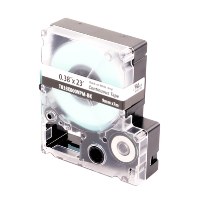 [T038X000VPM-BK] Casete de Etiquetas de Vinilo de Cinta Continua, Color Negro Sobre Blanco, Uso Interior/Exterior, 9 mm de Ancho x 7.6 Metros de Largo (24.93 Pies)