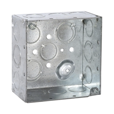 [HUB-232] Caja Cuadrada Galvanizada  de 4" x 4", profundidad de 2 1/8". Cuenta con 10 KO de 1/2" y 6 TKO (1/2" - 3/4"))
