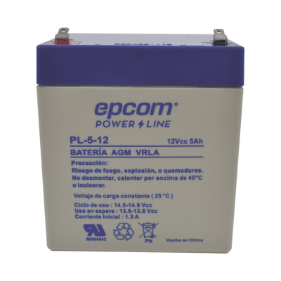 [PL512] Batería 12 Vcc / 5 Ah / UL / Tecnología AGM-VRLA / Para uso en equipo electrónico Alarmas de intrusión / Incendio/ Control de acceso / Video Vigilancia / Terminales F1 / Cargador recomendado CHR-80.
