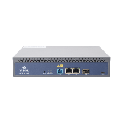 [V1600GS-F] OLT de 1 puerto GPON SC/UPC + 3 puertos Uplink (2 puertos Gigabit Ethernet + 1 puerto SFP/SFP+), Fuente de alimentación redundante AC/DC , hasta 128 ONUS