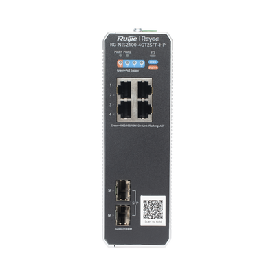 [RG-NIS2100-4GT2SFP-HP] Switch Industrial PoE+ hasta 180 watts , Ideal para temperaturas Extremas y protección contra descargas, 1 puerto PoE++ 60W y 3 puertos PoE+ 30W, 2 SFP Uplink