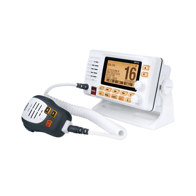 Radio Móvil Marino VHF, color blanco con receptor de GPS integrado, puerto de conexión NMEA 2000, 25W de potencia de RF, sumergible IPX8.