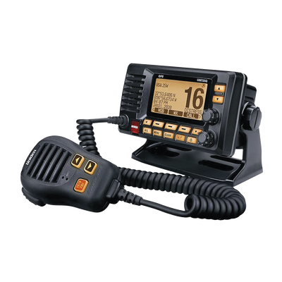 Radio Móvil Marino VHF, color negro con receptor de GPS integrado, puerto de conexión NMEA 2000, 25W de potencia de RF, sumergible IPX8.