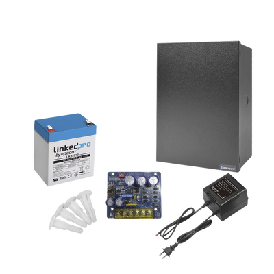 Kit con fuente PLB3 con salida de 12 Vcc a 4 Amper, incluye transformador y batería de 12 V a  5.5 Amper