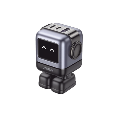[15570B] Cargador RobotGaN de 65W Serie UNO | 3 Puertos de Carga Rápida | 2 USB-C | 1 USB-A | PD 3.0 | QC 4.0 | Carga Inteligente | Tecnología GaN II | Zapato Magnético Extraíble | Carcasa Ignífuga | Pantalla LED