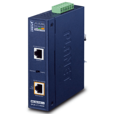 [IPOE-171-95W] Inyector Industrial, Multi-Gigabit 802.3bt PoE++ / 95W / 2 Puertos RJ45 / 10M/100M/1G/2.5G/5Gbps / IP30 / -40 a 75°C / Montaje en Riel DIN o Pared