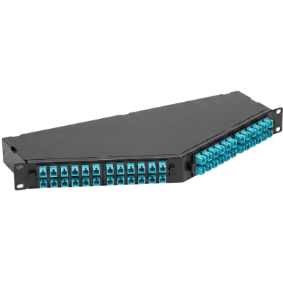 [F1ASZO-9612-10S] Panel de Fibra Óptica de Alta Densidad, Para Fibra Multimodo OM4, Con 8 Cassettes de 12 Conectores LC a 1 MPO Angulados (96 Fibras), de 19 in