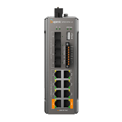 Switch de Red SP5012FM-L2 (V2) / 8 Puertos 10/100/1000Mbps PoE / 4 Puertos SFP 1000M/2.5G/10Gbps / Capacidad de Conmutación 96Gbps / Alimentación Dual DC / Instalación DIN-rail, Pared o Escritorio / Certificaciones CE, FCC, RoHS, UKCA