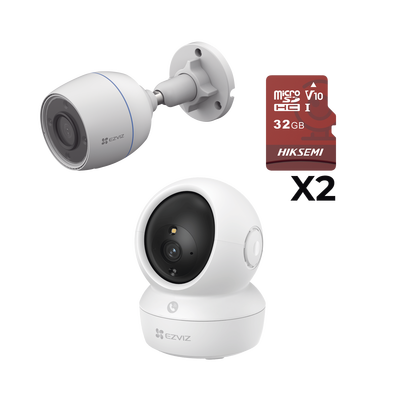 [CSH6C/3MP/H3C/KM2] Kit de cámaras WiFi / Incluye 1 pieza CSH6C/3MP  Para Uso en Interior / 1 pieza CS-H3C Para Uso en Exterior / 1 PZA Micro SD HS-TF-E1/32G / Detección de Movimiento / Notificaciones Instantáneas