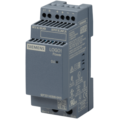 Fuente de Alimentación LOGO!POWER / 24 VDC 1.3A / Entrada 100-240V AC/DC / Ajustable 22.2-26.4V / Eficiencia 86% / IP20 / Montaje DIN Rail