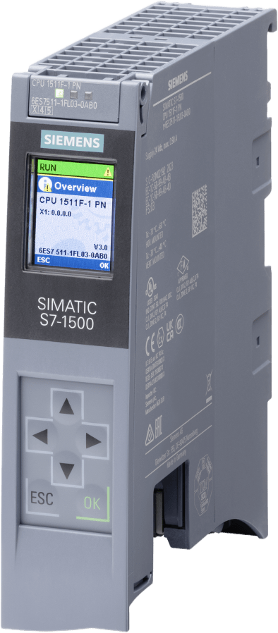 CPU PLC Seguridad S7-1500F / 1511F-1 PN / Memoria 450 KB Programa + 1.5 MB Datos / PROFINET IRT 2-Puertos / 6 ns Rendimiento / SIL 3 / PLe / Failsafe