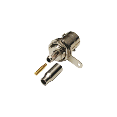 [RFB-1116-B-03] Conector BNC Hembra a 50 Ohm, Montaje Frontal en D-Plano, Anillo Plegable para Cables RG-174/U y RG-316/U, Niquel/ Oro/ Teflón.
