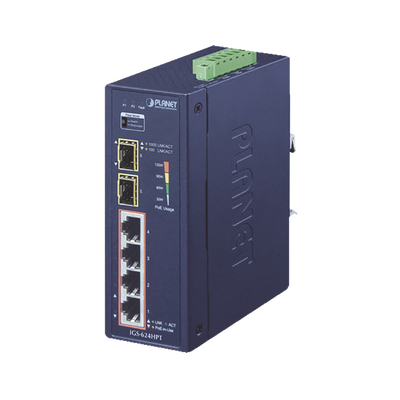 [IGS-624HPT] Switch PoE Industrial No Administrable de 4 Puertos PoE 10/100/1000T 802.3at, 2 Puertos SFP 10/1000X