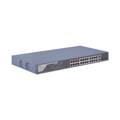 [DS-3E1326P-SI] Smart Switch PoE+ Administrable / 24 puertos 10/100 Mbps PoE+ (hasta 300 m) + 2 puertos 10/100/1000Mbps + 2 Puertos SFP Uplink / 370 W / Hik-PartnerPro y Hik-Central