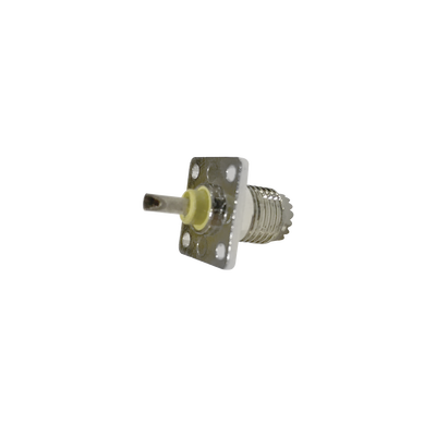 Conector Mini-UHF Hembra, de Montaje en 4 Perforaciones a 13 mm, Níquel/ Oro/ Baquelita.