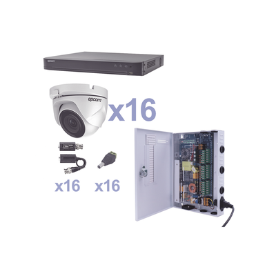[KEVTX8T16EW] KIT TurboHD 1080p / DVR 16 Canales / 16 Cámaras Eyeball (exterior 2.8 mm) / Transceptores / Conectores / Fuente de Poder Profesional