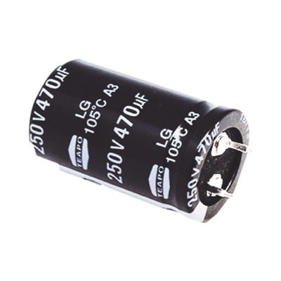 Capacitor Electrolítico de Aluminio, Radial de 470 µFd, 250 Vcc, 105 °C, 25 x 40 mm.