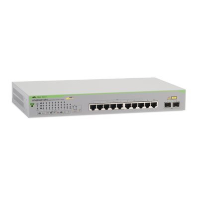 [AT-GS950-10PS-10] Switch PoE+ Gigabit WebSmart de 10 puertos 10/100/1000 Mbps (2 x Combo) + 2 puertos gigabit SFP (Combo), 75 W