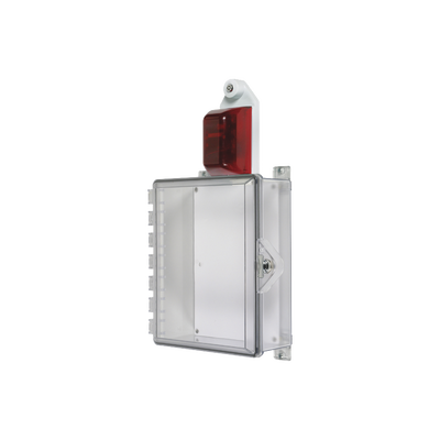 [STI-7525] Gabinete Pequeño de Policarbonato Transparente Súper Resistente con Sirena/Estrobo y Cerradura Manual