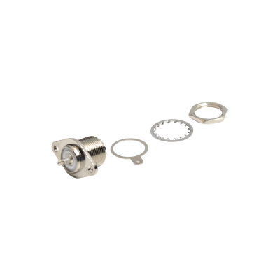 [RFU-522] Conector UHF Hembra (SO-239-2H) para Chasis, Doble Perforación, Conductor Central Soldable, Níquel/ Plata/ PBT.