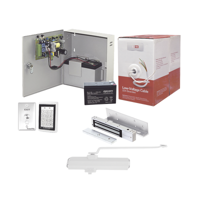 [ACCESSKIT11P] Sistema Completo de Acceso, Incluye Teclado Anti-Vandalico, Chapa magnética con bracket, Cierra puerta, Botón de Salida, Cable " Gratis ", y fuente profesional con Batería