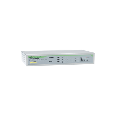 [AT-FS708LE/POE-10] Switch No Administrable PoE de 8 puertos 10/100 Mbps (4 puertos PoE) con fuente de alimentación externa, 30 Watts