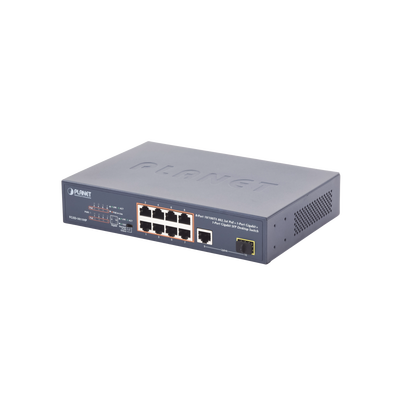 Switch no Administrable 8 puertos 10/100 PoE 802.3af/at 135W, 1 puerto Uplink 10/100/1000 y 1 SFP 100/1000 para escritorio