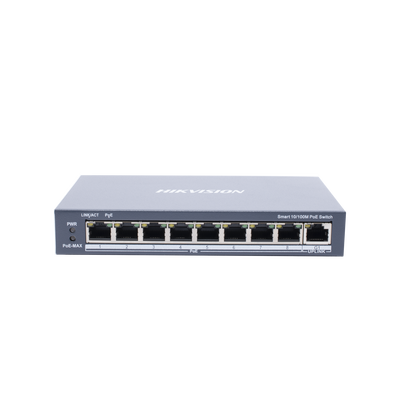 [DS-3E1309P-EI] Switch Monitoreable PoE+ / 8 puertos 100 Mbps PoE+ / 1 puerto 1000 Mbps de Uplink / PoE hasta 300 Metros / Conexión Remota desde Hik-ParnerPro / 110 W