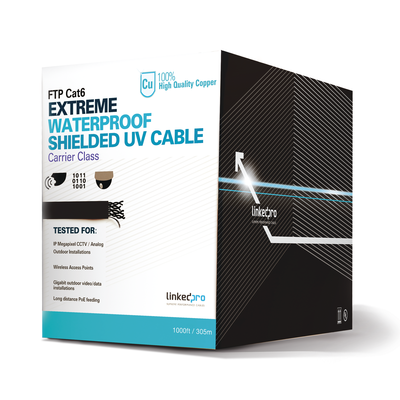 [PRO-CAT-6-EXT-LITE] Bobina de cable 305 Metros Cat6+ CALIBRE 23, Climas EXTREMOS, Color negro, sin blindar, para intemperie.