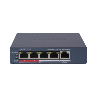[DS-3E1105P-EI/M] Switch PoE+ / Administrable / 4 Puertos 10/100 Mbps PoE+ / 1 Puerto 10/100 Mbps Uplink / Configuración Nube Hik-PartnerPro / Modo Extendido hasta 300 Metros /  45 W